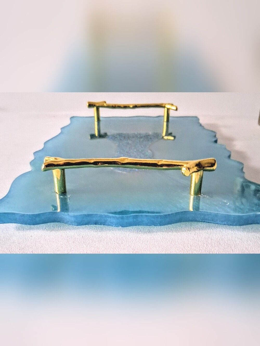 Ocean Blues, Glitter & Gold Artisan Made Resin Tray - Gold Bamboo Handles - Picture 4 of 10